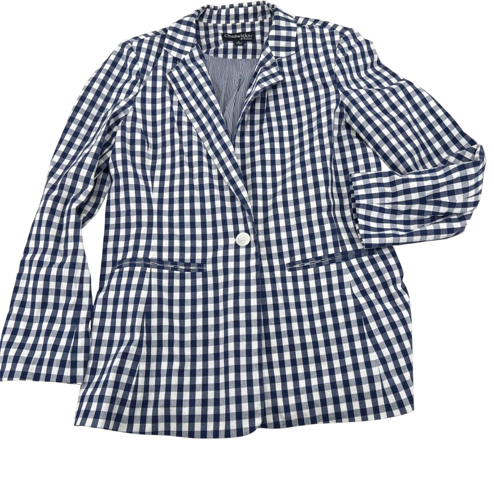 Chadwicks of Boston Navy White Gingham Blazer‎ Jacket Womens 8 Cotton Stretch
